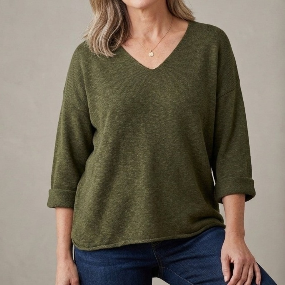 Avalin Womens Olive Green 100% Cotton V-Neck Knit Sweater OS Made in USA 9079